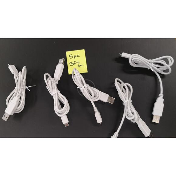 5 Pack. 3ft USB to Micro USB Cable. White. 5PC Cord. For Charging Cellphone - Picture 3 of 5